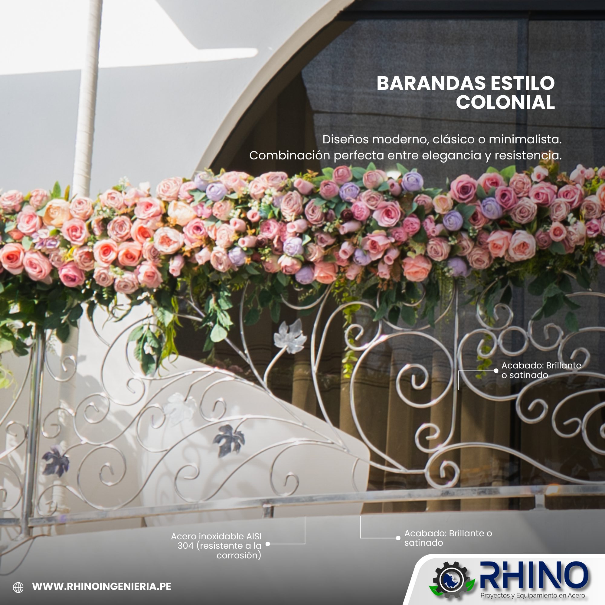 BARANDA PARA BALCÓN ESTILO COLONIAL INOX. C-304 PERFILES MIX. MICHELL BBC-304PER - Imagen 2