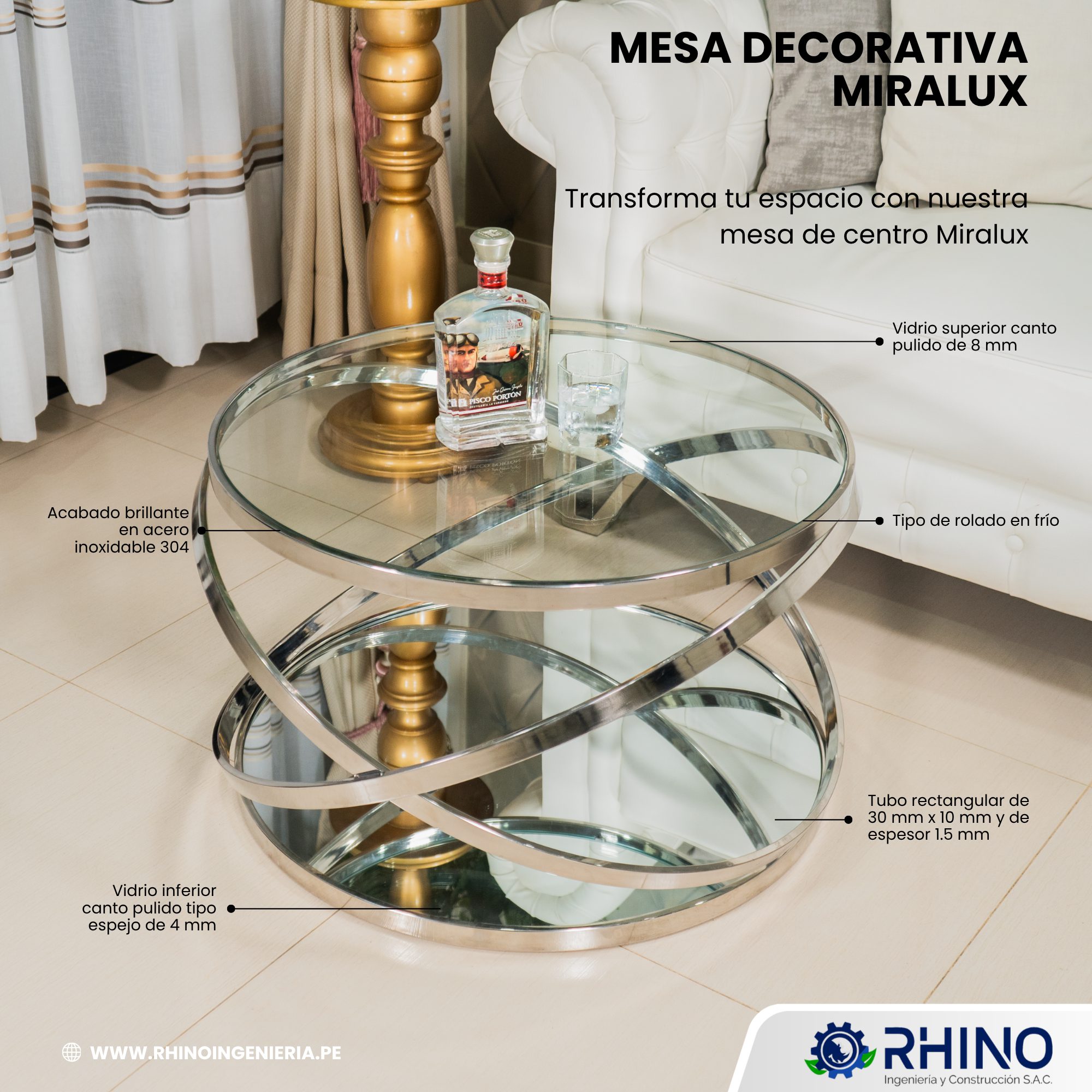 MESA DE CENTRO MIRALUX EN ACERO INOXIDABLE MICHELL MC304-MIRALUX - Imagen 2
