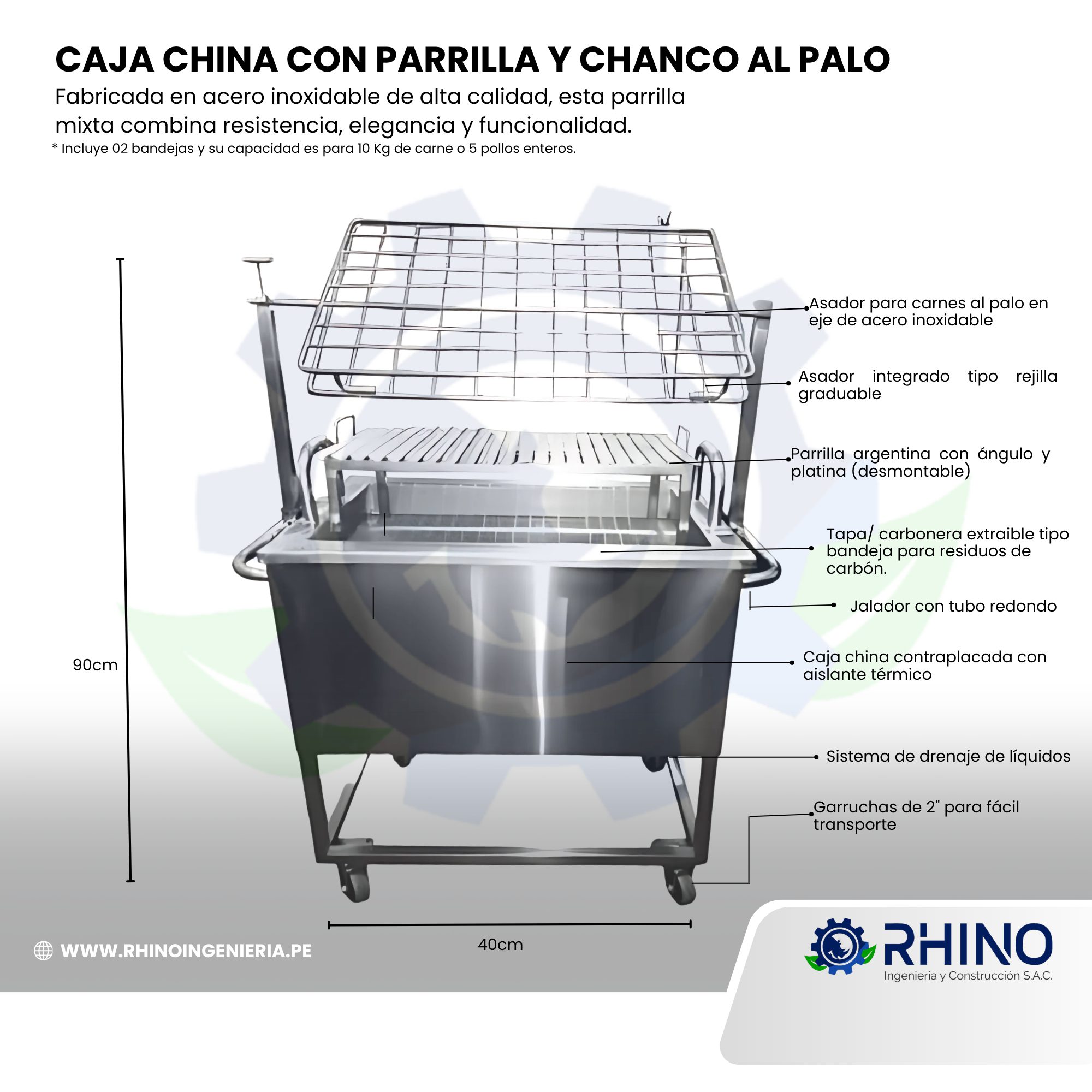 CAJA CHINA CON PARRILLA Y CHANCO AL PALO DE ACERO INOXIDABLE MICHELL CCH-304PCHP - Imagen 2
