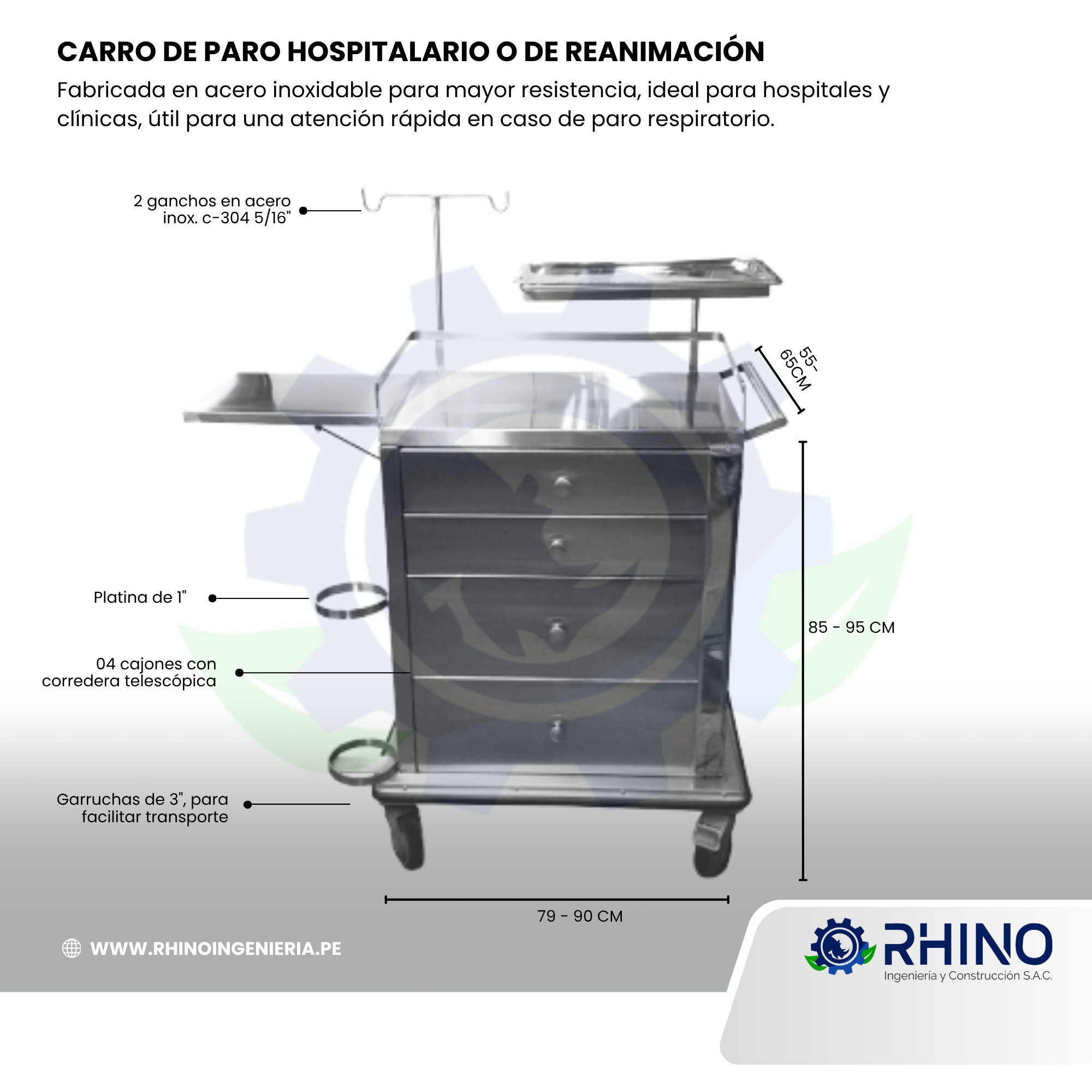 CARRO DE PARO HOSPITALARIO O DE REANIMACIÓN DE ACERO INOXIDABLE MICHELL CPHR-304 - Imagen 2
