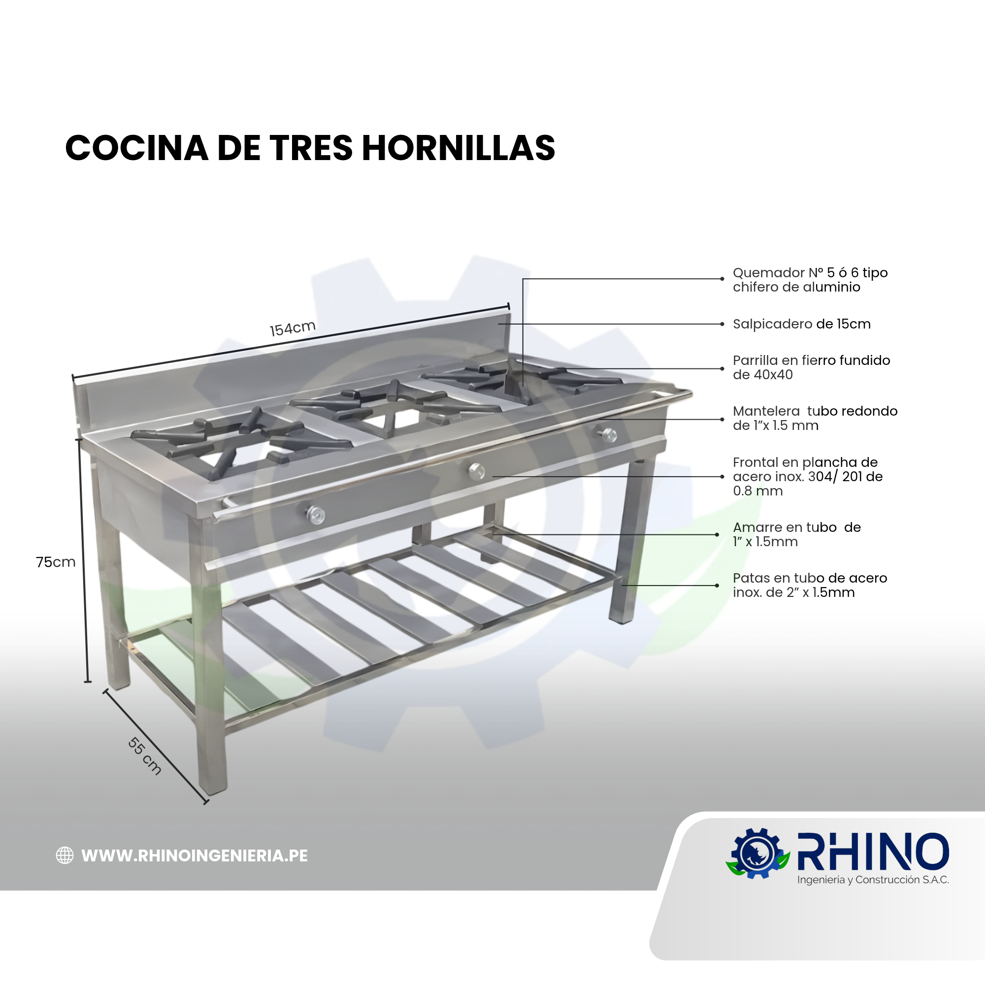 COCINA INDUSTRIAL DE TRES HORNILLAS ACERO INOXIDABLE MICHELL CI3H-304 - Imagen 2