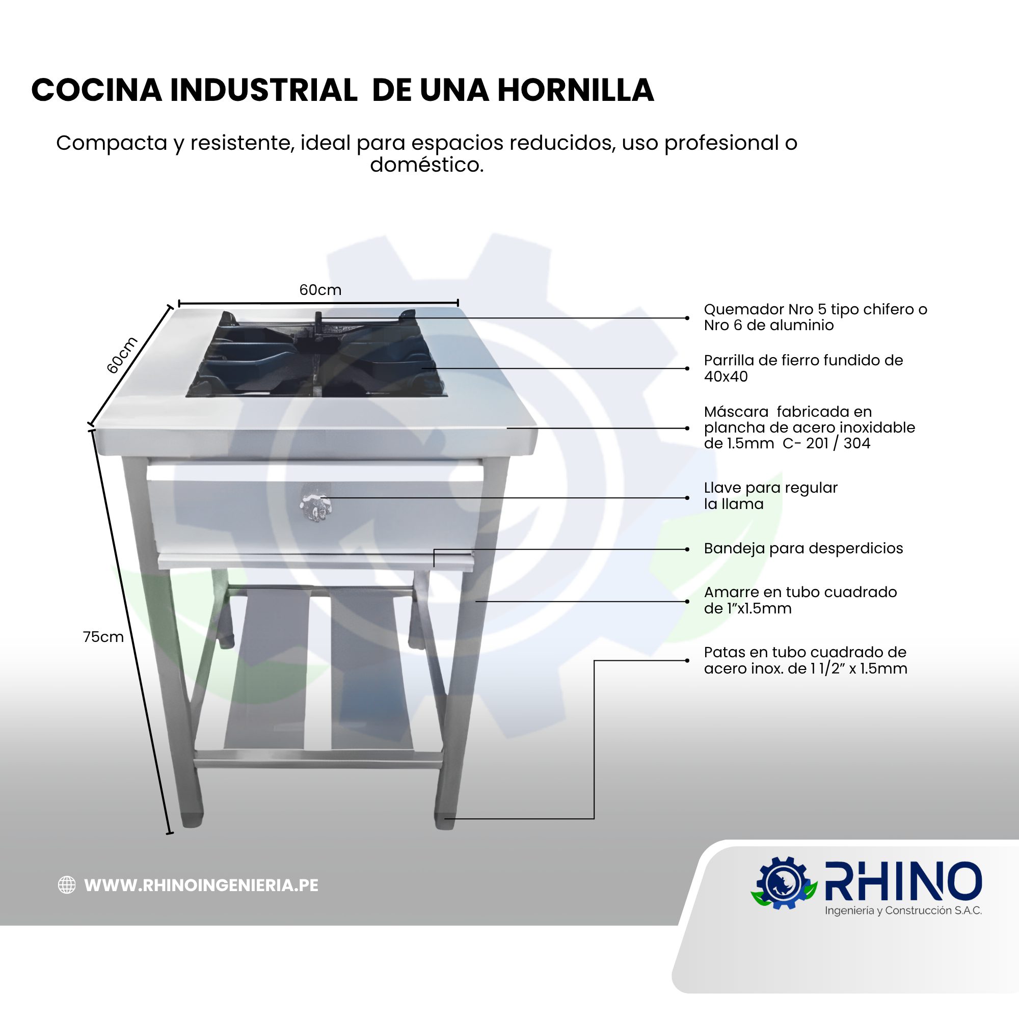 COCINA INDUSTRIAL DE UNA HORNILLA ACERO INOXIDABLE MICHELL Modelo CI1H-304 - Imagen 2