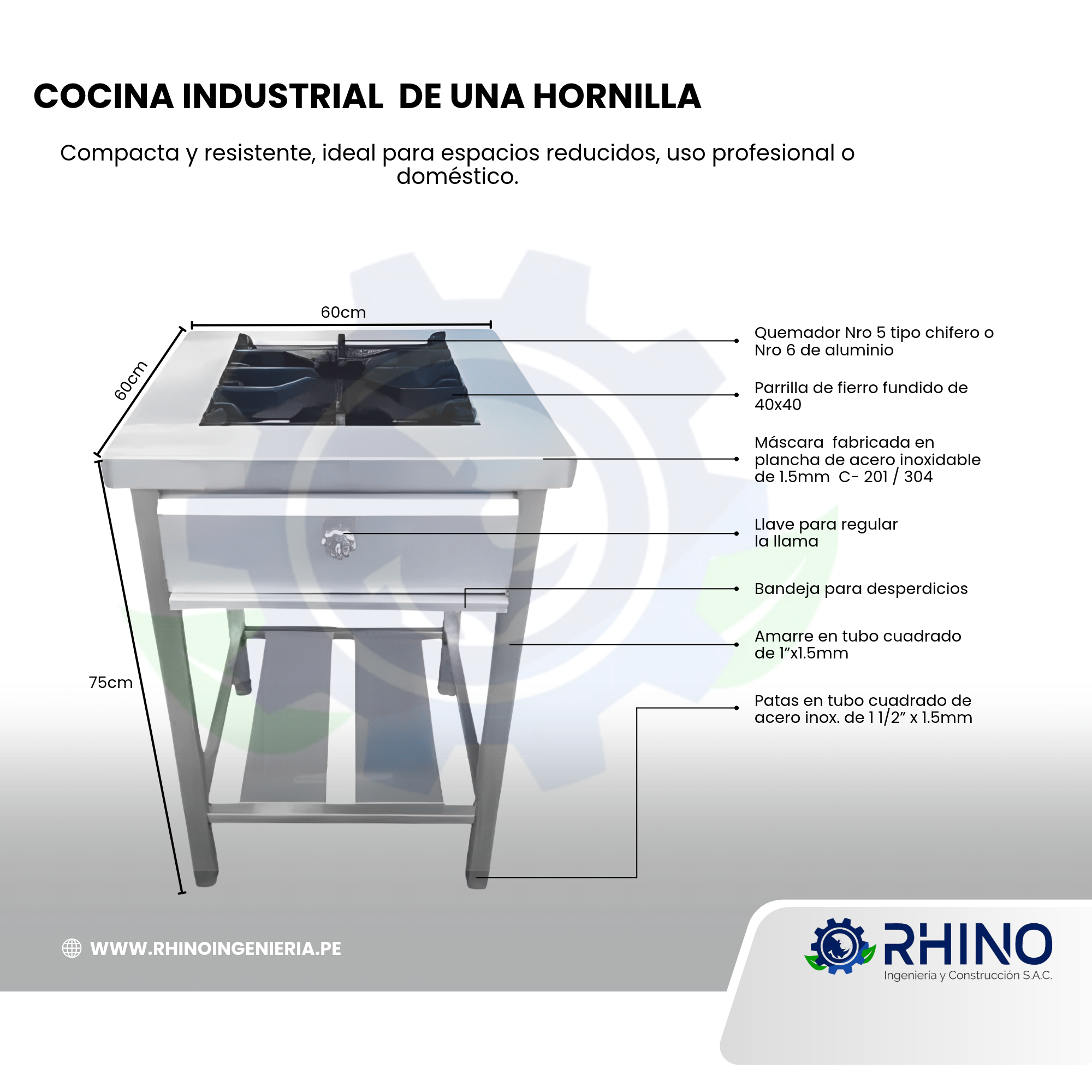 COCINA INDUSTRIAL DE UNA HORNILLA ACERO INOXIDABLE MICHELL CI1H-304 - Imagen 2