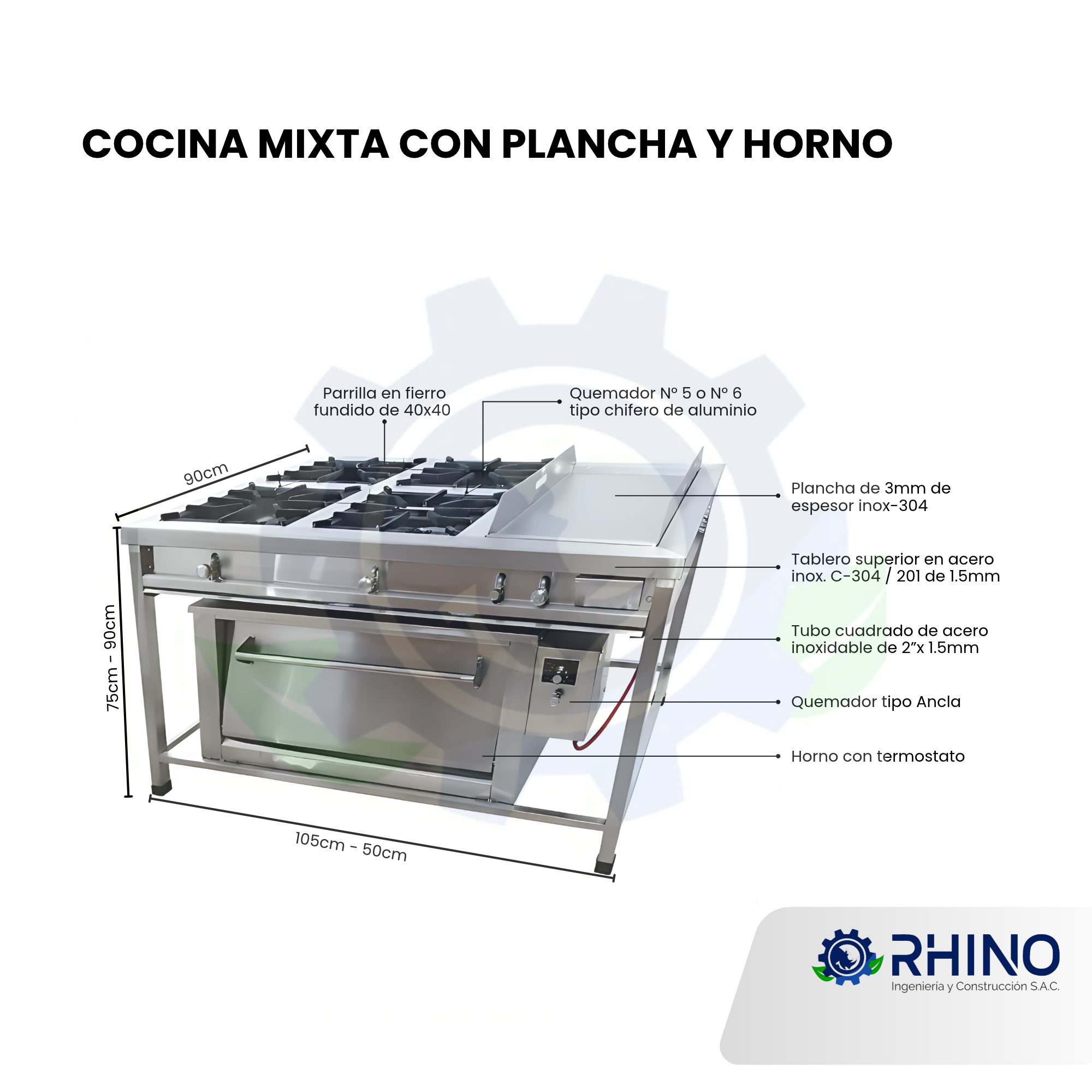 COCINA MIXTA CON PLANCHA Y HORNO DE ACERO INOXIDABLE MICHELL CM4H-304PLH - Imagen 2
