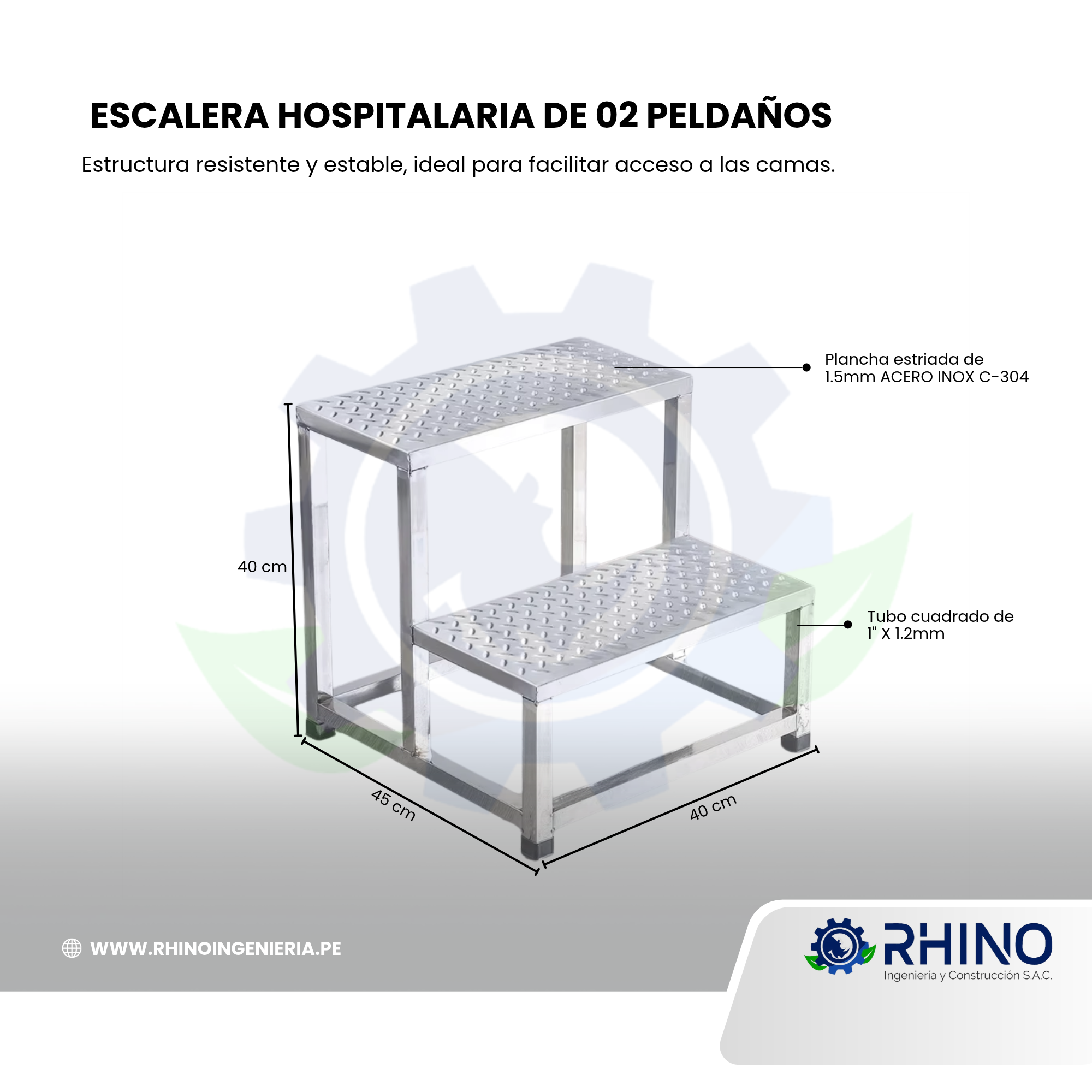 ESCALERA HOSPITALARIA DE 02 PELDAÑOS DE ACERO INOXIDABLE EH2P - 304 - Imagen 2