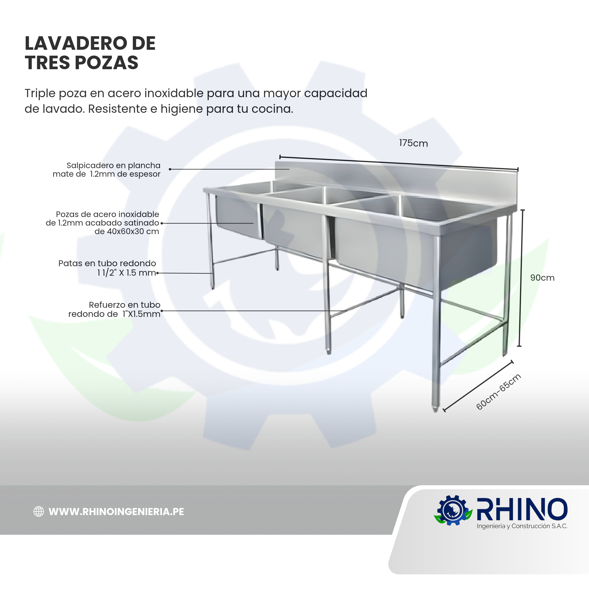 LAVADERO DE TRES POZA EN ACERO INOXIDABLE MICHELL L3P-304 - Imagen 2