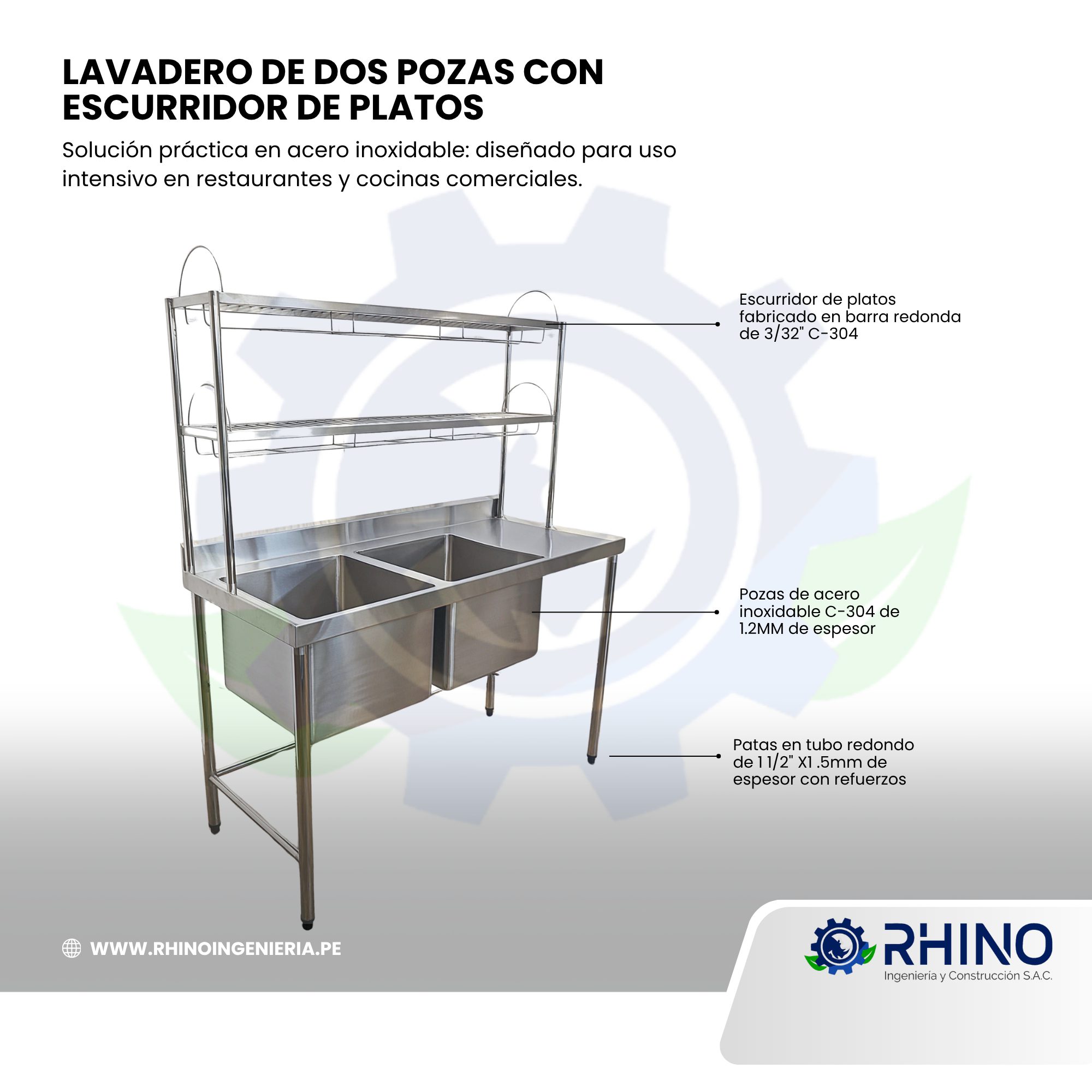 LAVADERO DE 2 POZAS CON ESCURRIDOR DE PLATOS ACERO INOXIDABLE MICHELL L2P - 304EP - Imagen 2