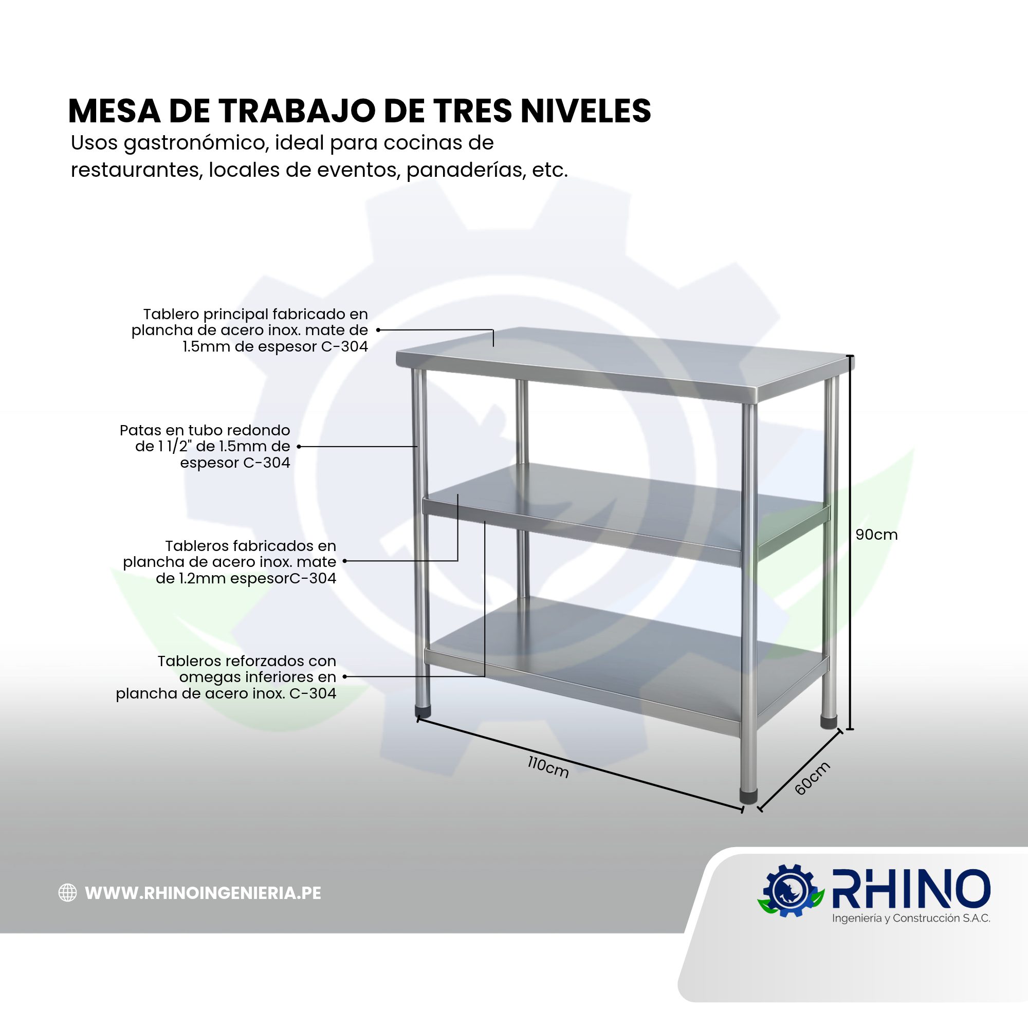 MESA DE TRABAJO EN ACERO INOXIDABLE 03 NIVEL MICHELL MT3N-304 - Imagen 2
