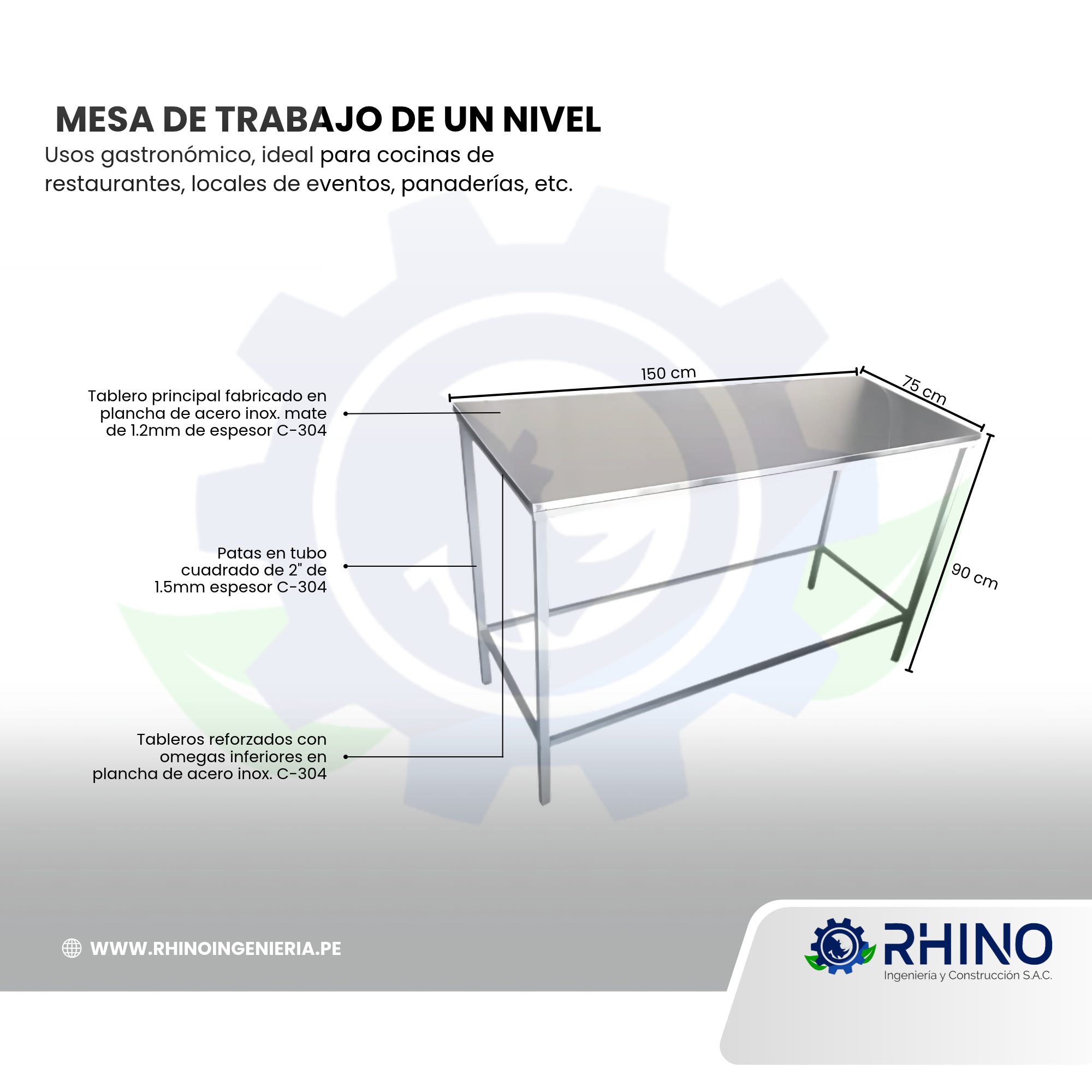 MESA DE TRABAJO EN ACERO INOXIDABLE 01 NIVEL MICHELL MT1N-304 - Imagen 2